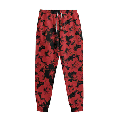 Black And Red Hibiscus Pattern Print Sweatpants