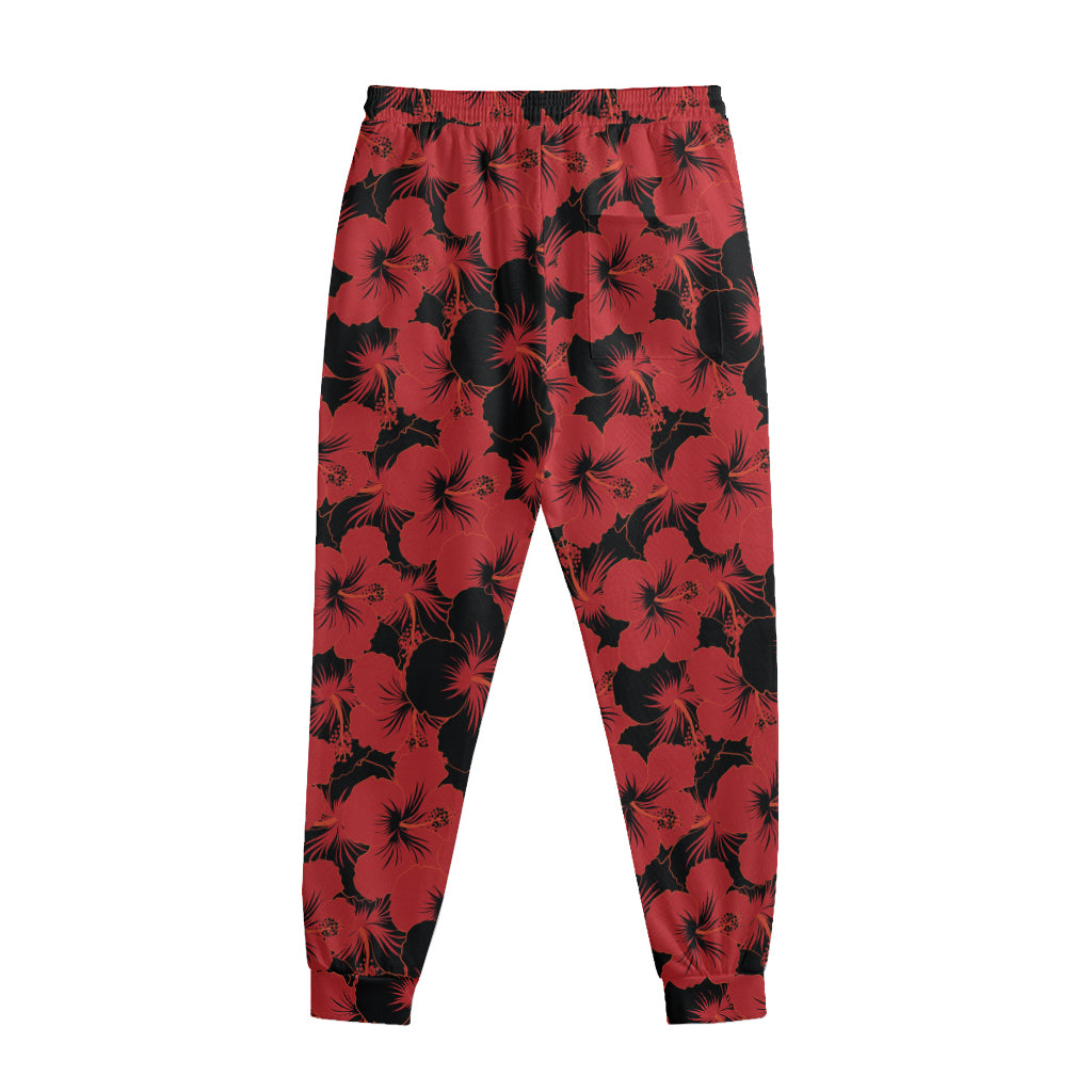 Black And Red Hibiscus Pattern Print Sweatpants