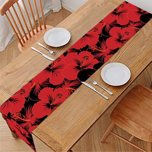 Black And Red Hibiscus Pattern Print Table Runner