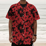 Black And Red Hibiscus Pattern Print Textured Short Sleeve Shirt