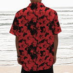 Black And Red Hibiscus Pattern Print Textured Short Sleeve Shirt