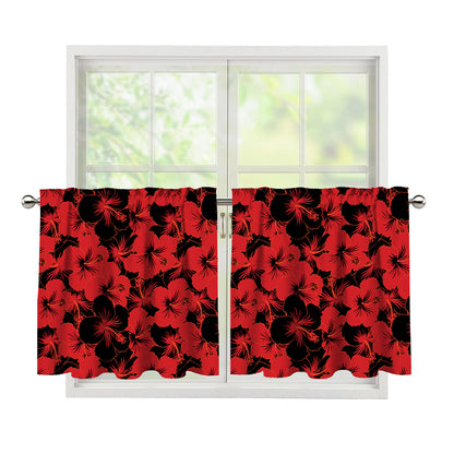 Black And Red Hibiscus Pattern Print Tier Curtains