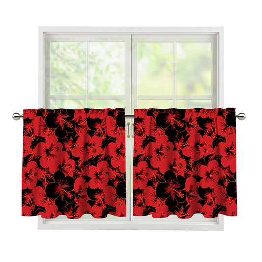 Black And Red Hibiscus Pattern Print Tier Curtains