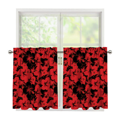 Black And Red Hibiscus Pattern Print Tier Curtains