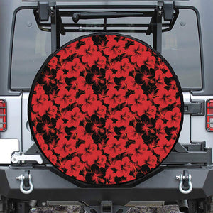 Black And Red Hibiscus Pattern Print Tire Cover