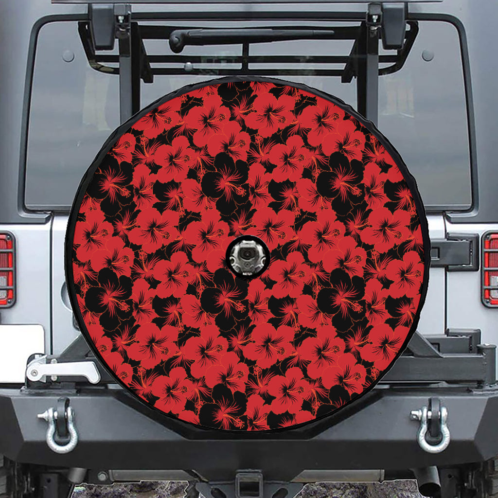 Black And Red Hibiscus Pattern Print Tire Cover With Camera Hole