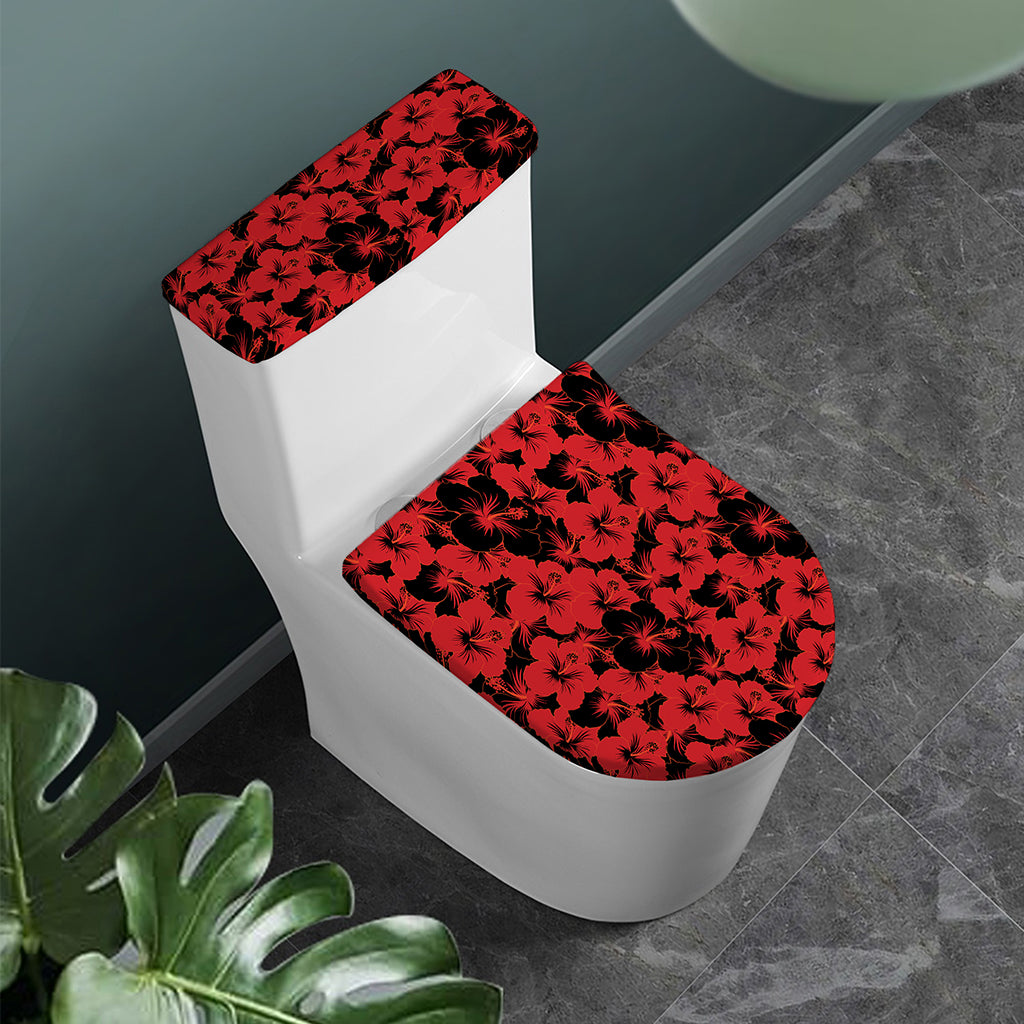 Black And Red Hibiscus Pattern Print Toilet Lid And Tank Cover Set