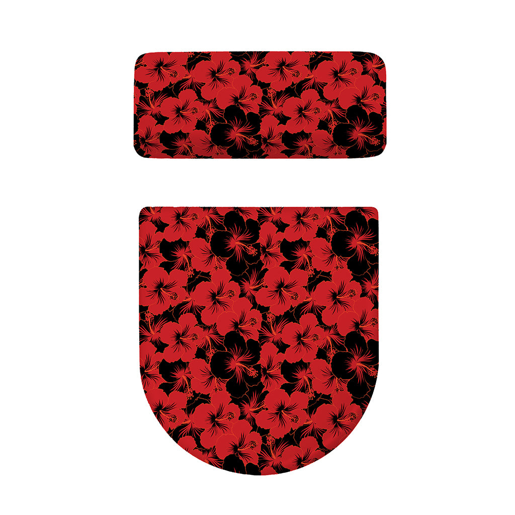 Black And Red Hibiscus Pattern Print Toilet Lid And Tank Cover Set