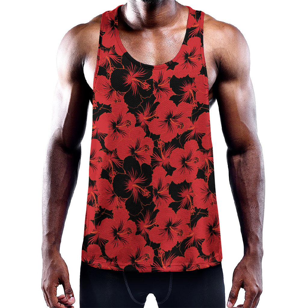 Black And Red Hibiscus Pattern Print Training Tank Top
