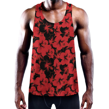 Black And Red Hibiscus Pattern Print Training Tank Top