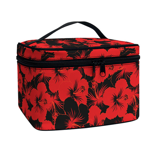 Black And Red Hibiscus Pattern Print Travel Makeup Bag