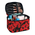 Black And Red Hibiscus Pattern Print Travel Makeup Bag