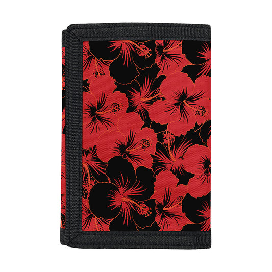Black And Red Hibiscus Pattern Print Trifold Wallet