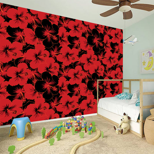 Black And Red Hibiscus Pattern Print Wall Sticker