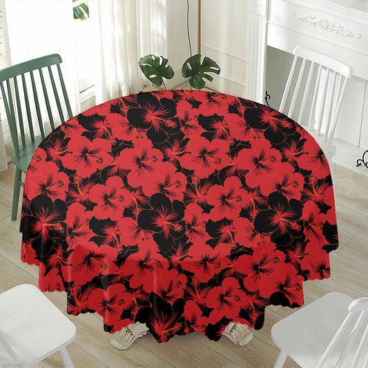 Black And Red Hibiscus Pattern Print Waterproof Round Tablecloth