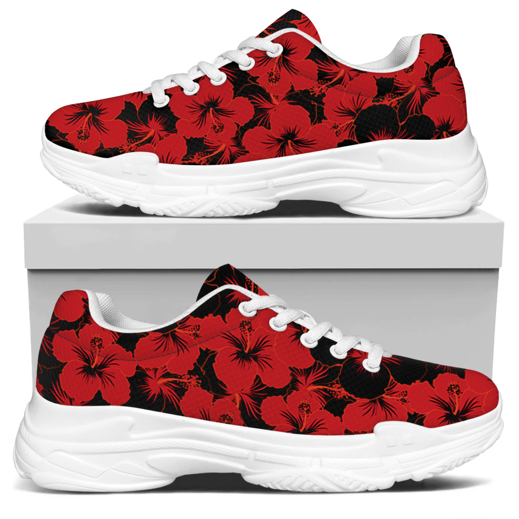Black And Red Hibiscus Pattern Print White Chunky Shoes