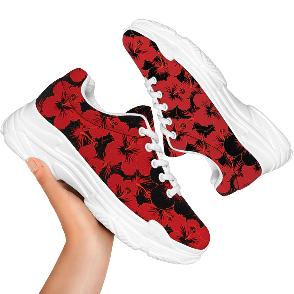 Black And Red Hibiscus Pattern Print White Chunky Shoes