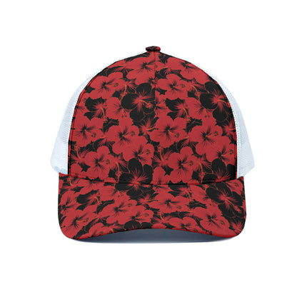 Black And Red Hibiscus Pattern Print White Mesh Trucker Cap