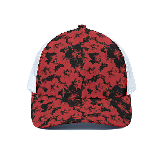 Black And Red Hibiscus Pattern Print White Mesh Trucker Cap