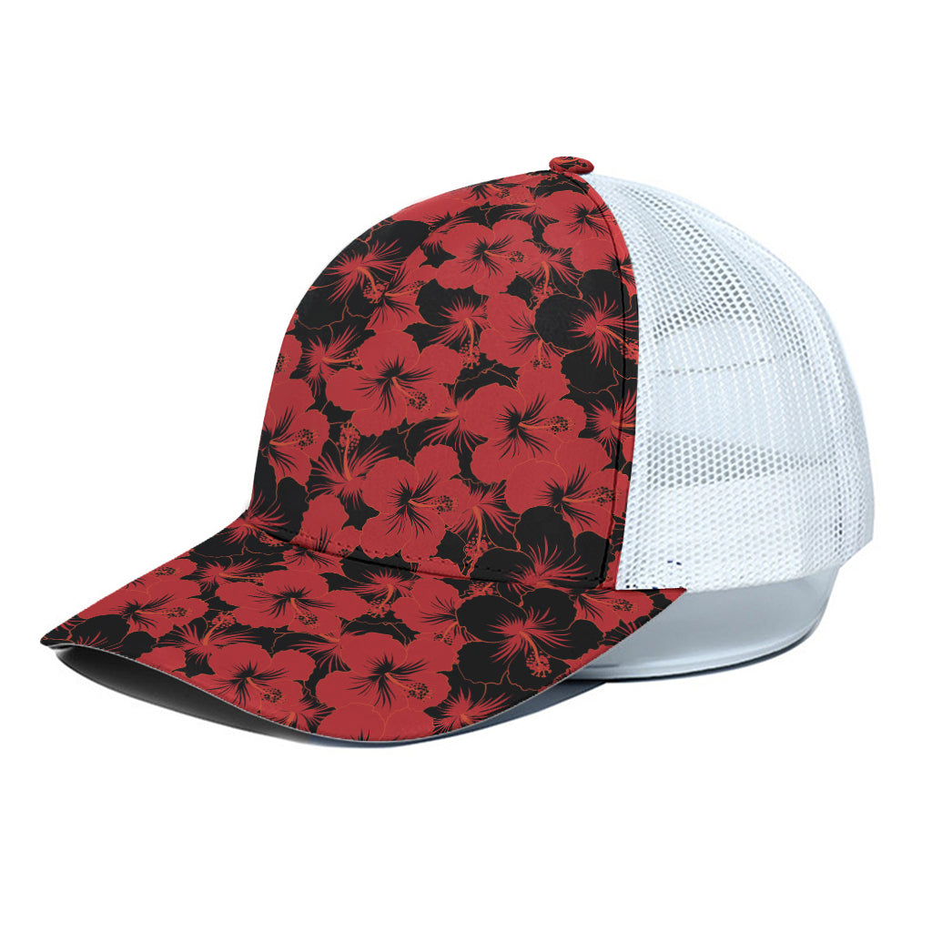 Black And Red Hibiscus Pattern Print White Mesh Trucker Cap