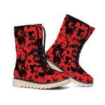 Black And Red Hibiscus Pattern Print Winter Boots