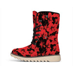Black And Red Hibiscus Pattern Print Winter Boots