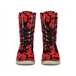 Black And Red Hibiscus Pattern Print Winter Boots