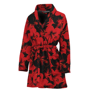 Black And Red Hibiscus Pattern Print Women's Bathrobe