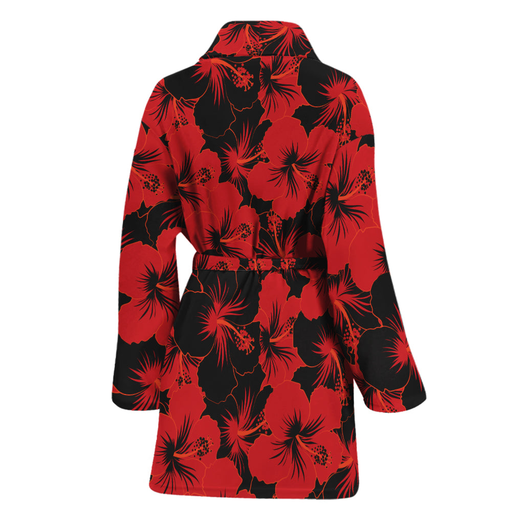 Black And Red Hibiscus Pattern Print Women's Bathrobe