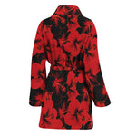 Black And Red Hibiscus Pattern Print Women's Bathrobe