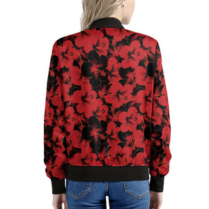 Black And Red Hibiscus Pattern Print Women's Bomber Jacket