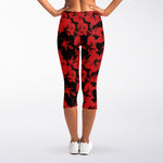Black And Red Hibiscus Pattern Print Women's Capri Leggings