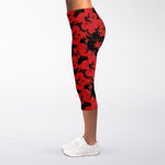 Black And Red Hibiscus Pattern Print Women's Capri Leggings