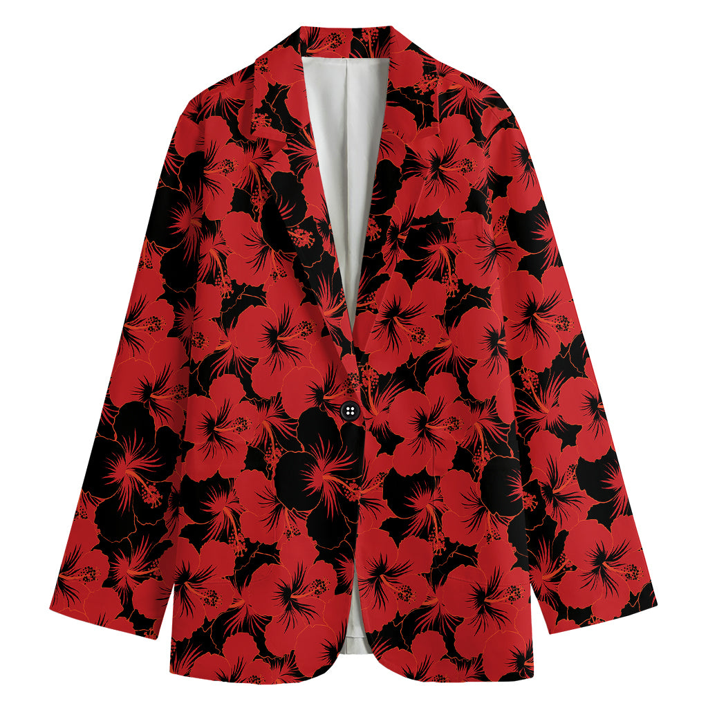 Black And Red Hibiscus Pattern Print Women's Cotton Blazer