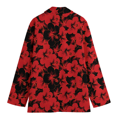 Black And Red Hibiscus Pattern Print Women's Cotton Blazer