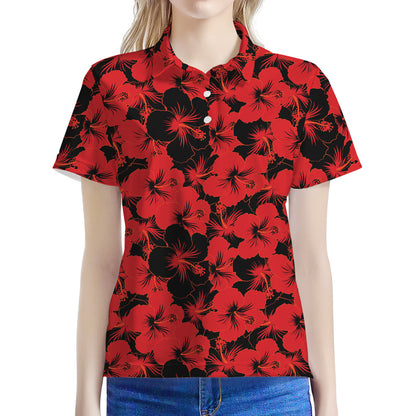 Black And Red Hibiscus Pattern Print Women's Polo Shirt