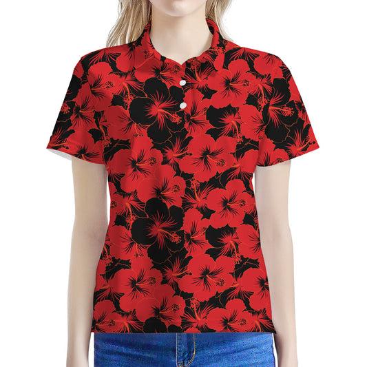 Black And Red Hibiscus Pattern Print Women's Polo Shirt