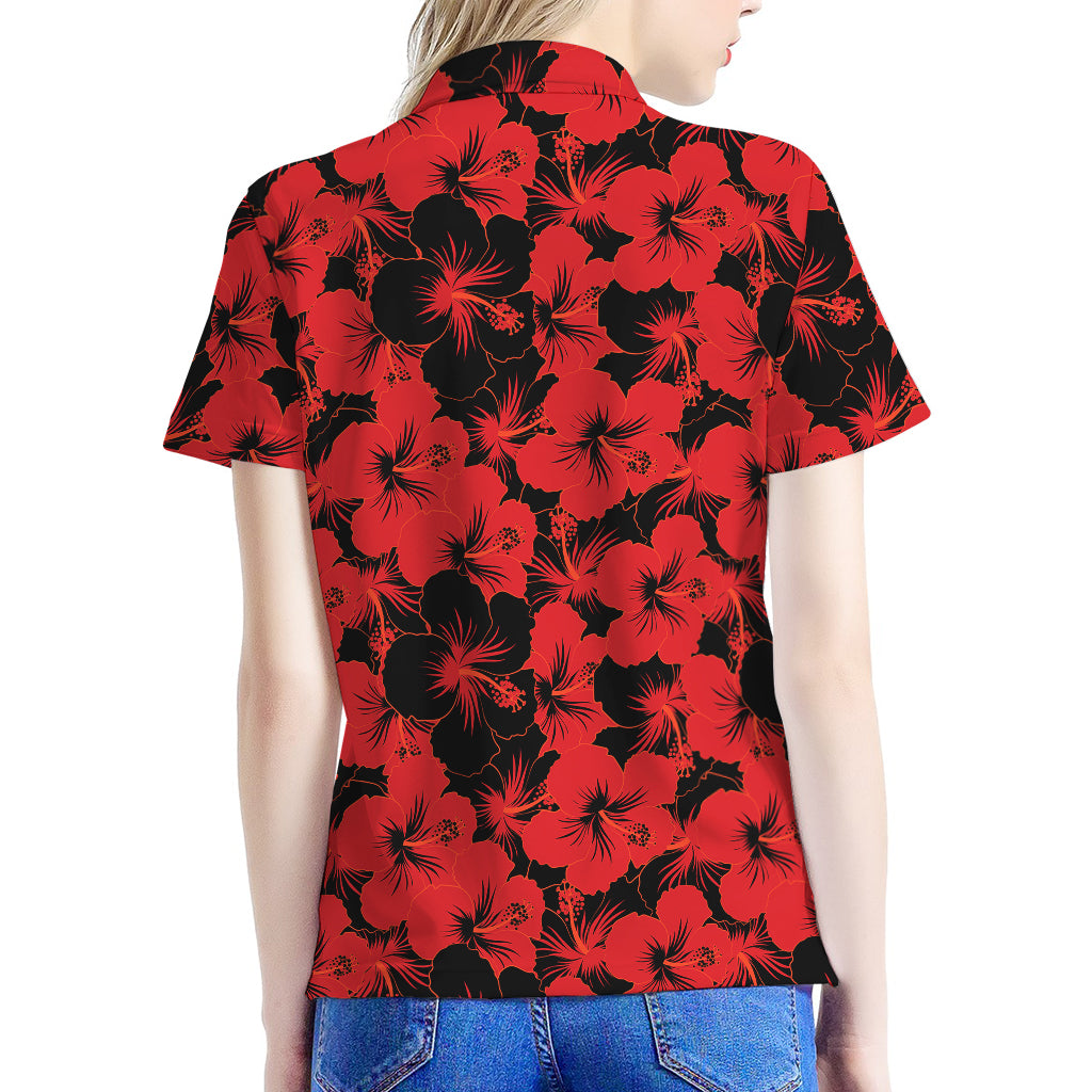 Black And Red Hibiscus Pattern Print Women's Polo Shirt