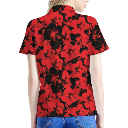 Black And Red Hibiscus Pattern Print Women's Polo Shirt