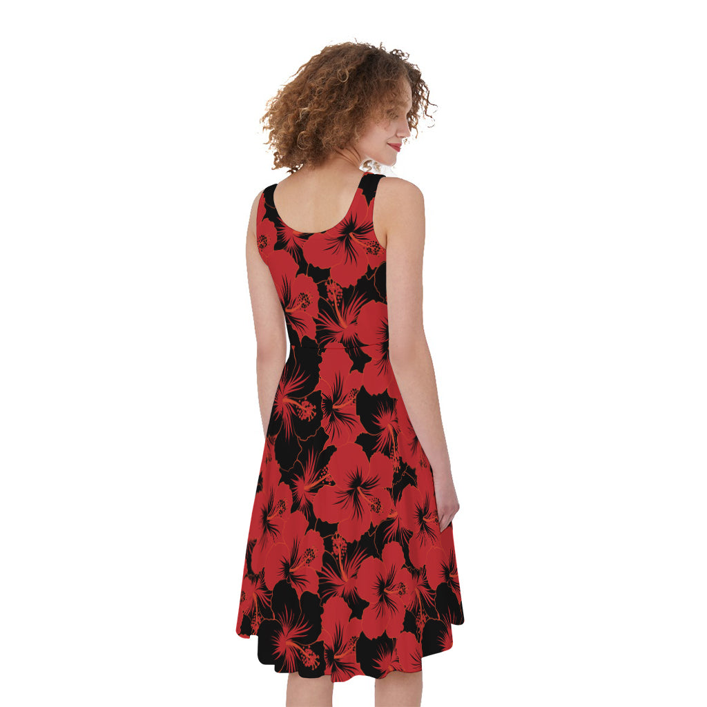 Black And Red Hibiscus Pattern Print Women's Sleeveless Dress