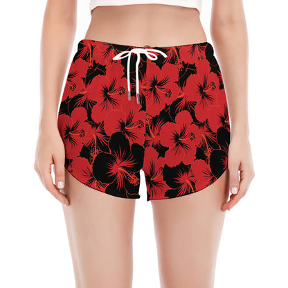 Black And Red Hibiscus Pattern Print Women's Split Running Shorts