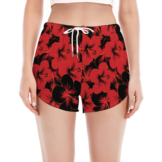 Black And Red Hibiscus Pattern Print Women's Split Running Shorts