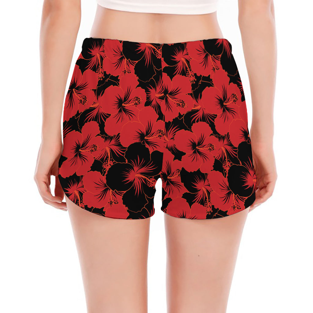 Black And Red Hibiscus Pattern Print Women's Split Running Shorts