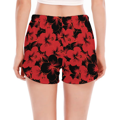 Black And Red Hibiscus Pattern Print Women's Split Running Shorts