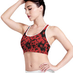 Black And Red Hibiscus Pattern Print Women's Sports Bra