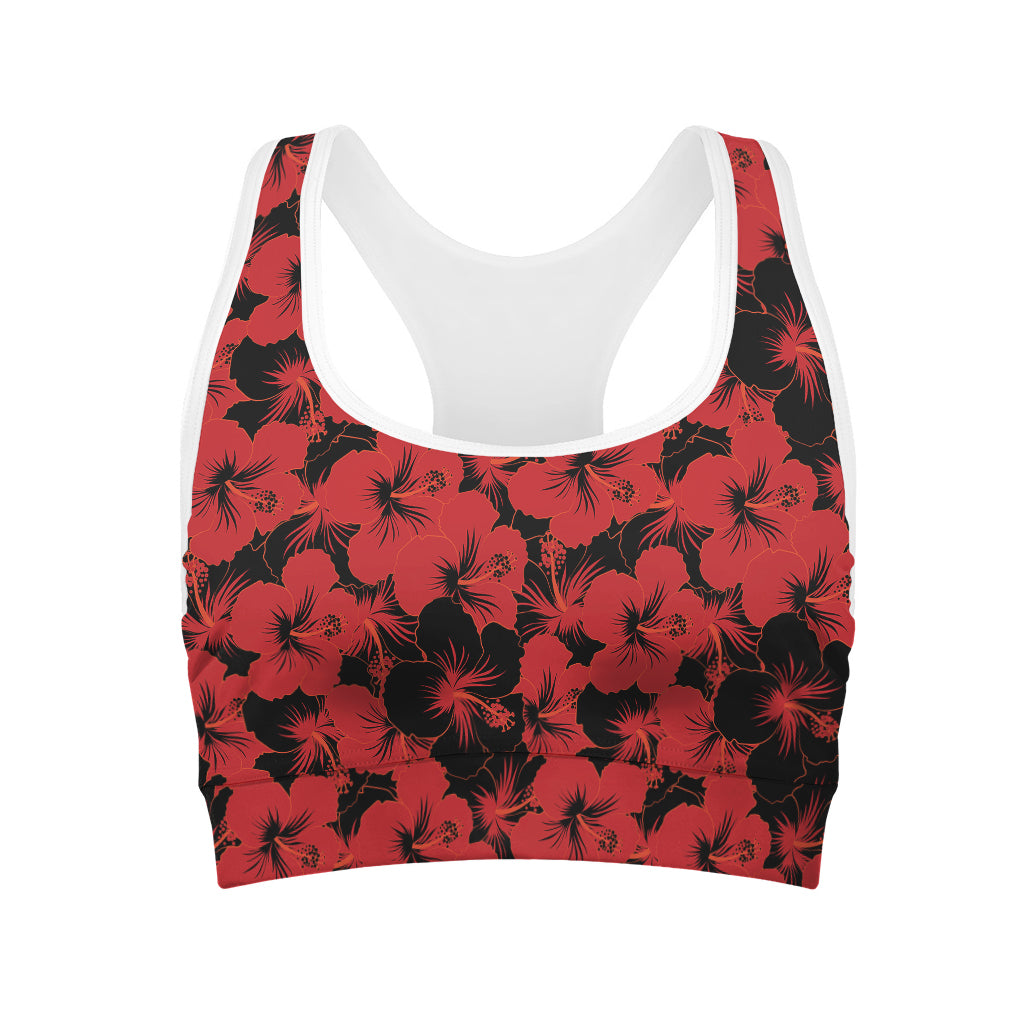 Black And Red Hibiscus Pattern Print Women's Sports Bra