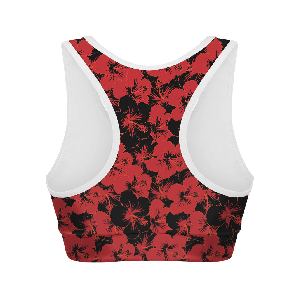 Black And Red Hibiscus Pattern Print Women's Sports Bra