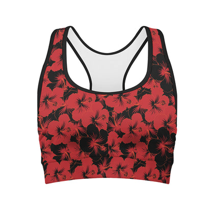 Black And Red Hibiscus Pattern Print Women's Sports Bra