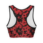 Black And Red Hibiscus Pattern Print Women's Sports Bra