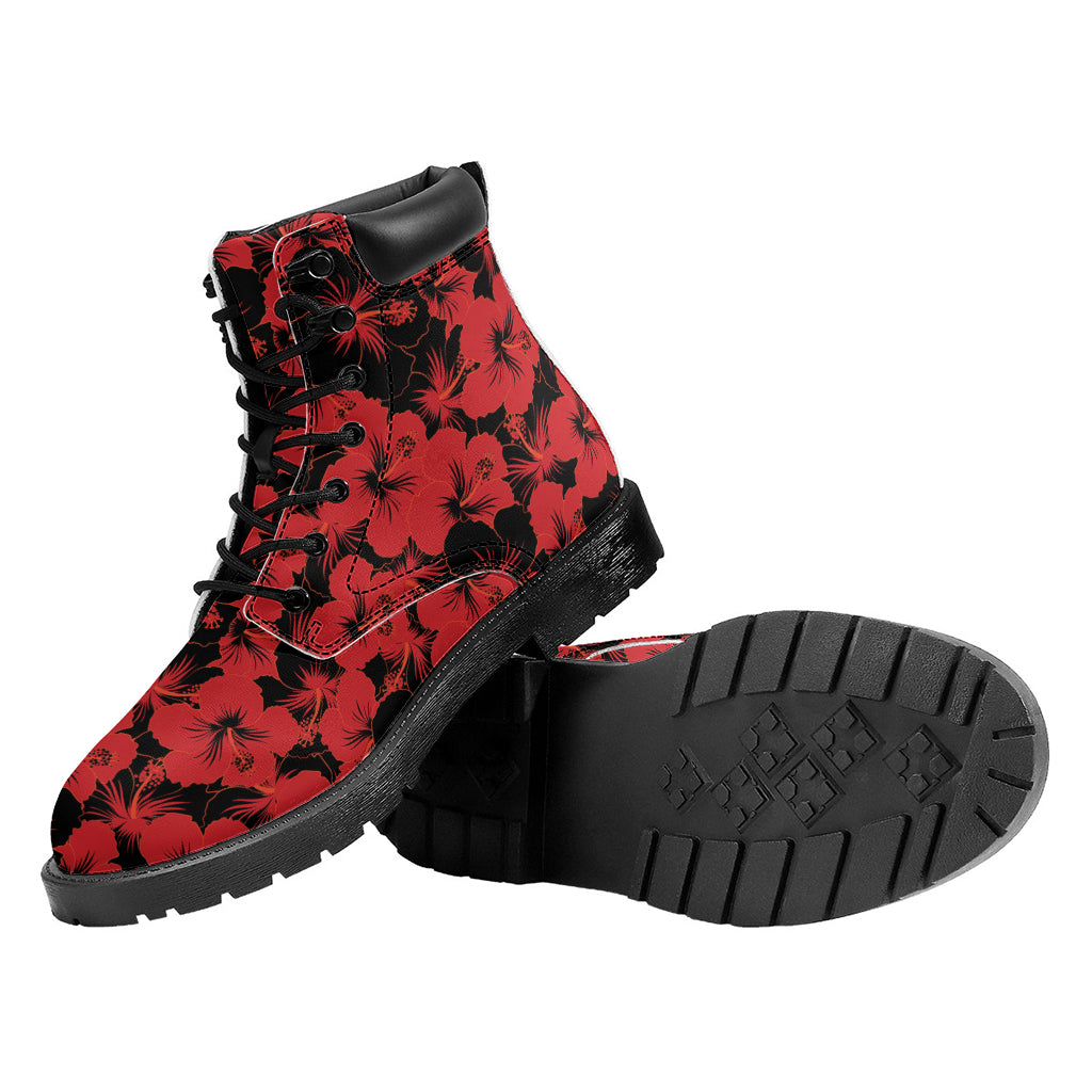 Black And Red Hibiscus Pattern Print Work Boots